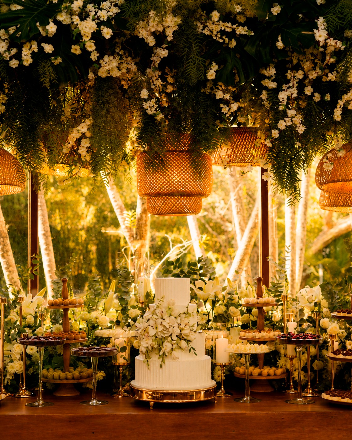 Mesa de bolo e doces finos decorada com flores em recepção de casamento